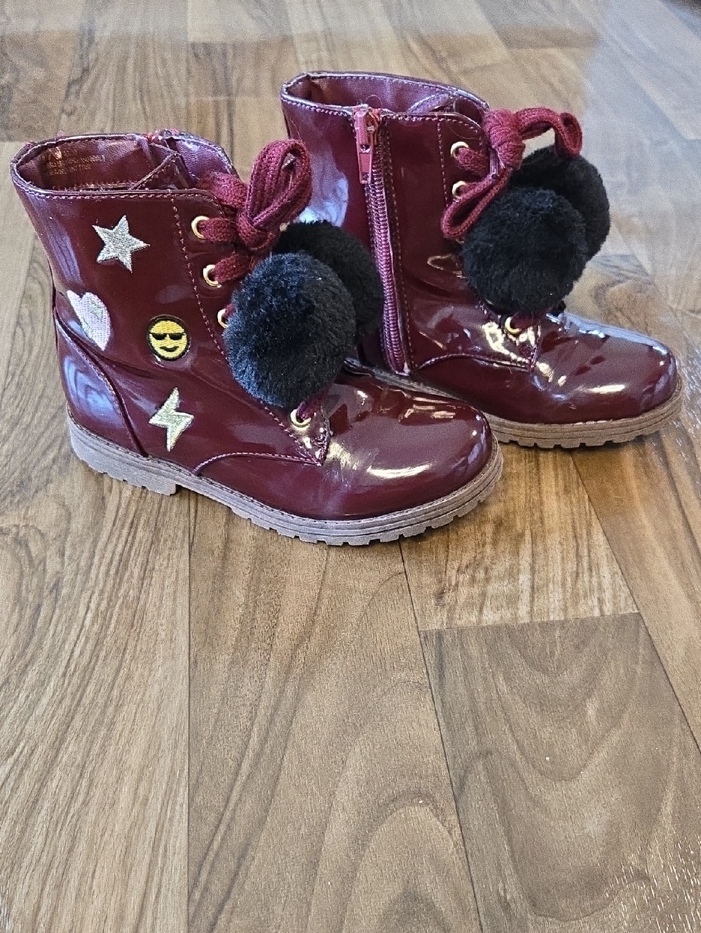 Rampage Girls Burgundy Patent Pom-Pom Lace-Up Boots